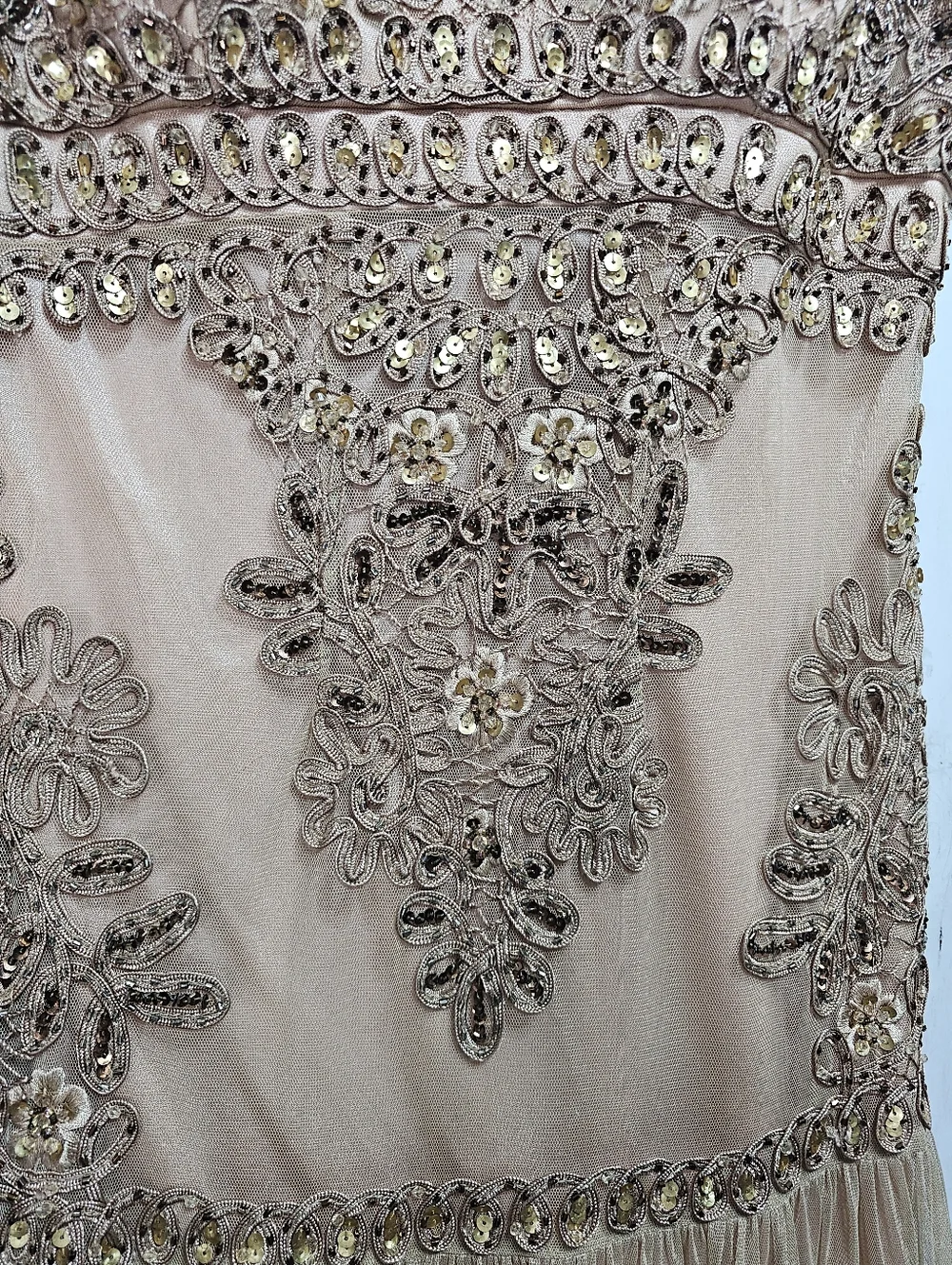 Sue Wong Nocturne Champagne Embroidered Beaded Drop Waist Dress Size 4 Lined. - Picture 4 of 13